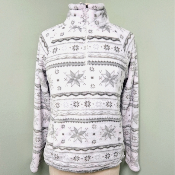 Eddie Bauer Nordic 1/4 Zip Fleece Pullover Womens White Frost Snowfall Fair Isle - Picture 1 of 9